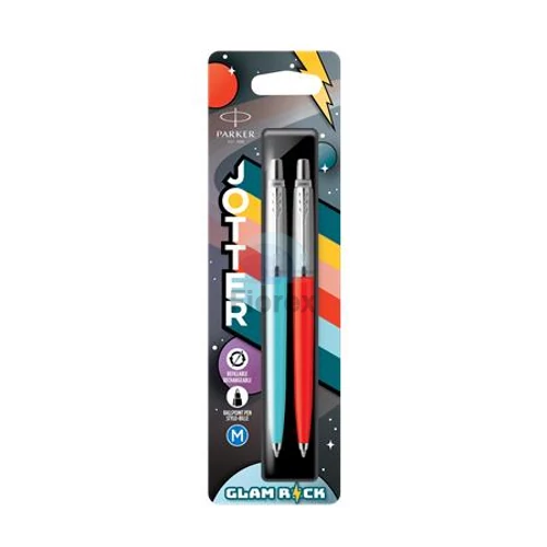 Golyóstoll szett, 0,7 mm, ezüst színű klip, piros és kék tolltest, PARKER "Jotter Glam Rock", kék - 2db