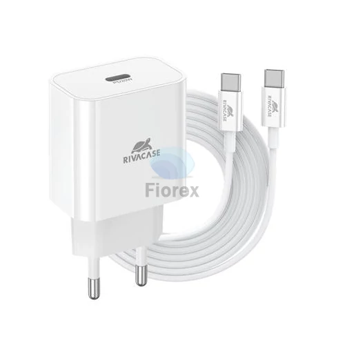 Hálózati töltő, 20W, USB-C, USB-C, USB-C/USB-C töltőkábel, RIVACASE "PS4101", fehér