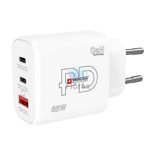 Hálózati töltő, 1xUSB-A, 2xUSB-C, PD, 65W, GaN, SKROSS