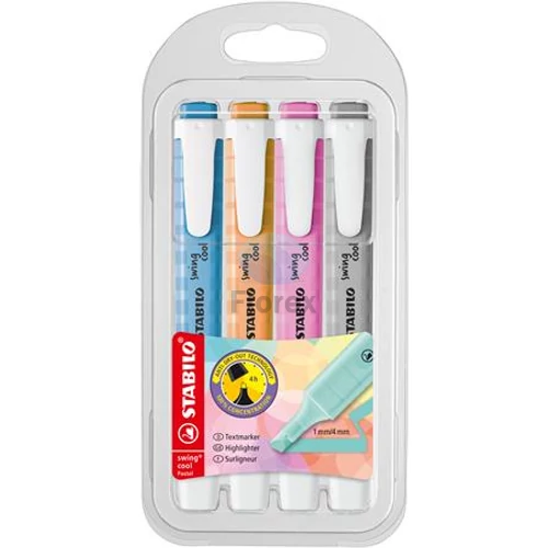 Szövegkiemelő készlet, 1-4 mm, STABILO Swing cool Pastel, 4 különböző szín Szövegkiemelő készlet, 1-4 mm, STABILO Swing cool Pastel, 4 különböző szín
