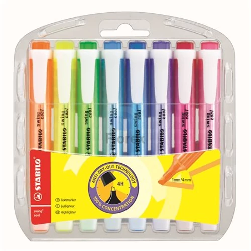 Szövegkiemelő készlet, 1-4 mm, STABILO Swing Cool, 8 különböző szín Szövegkiemelő készlet, 1-4 mm, STABILO Swing Cool, 8 különböző szín
