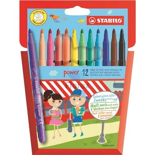 Filctoll készlet, 2 mm, STABILO Power, 12 különböző szín Filctoll készlet, 2 mm, STABILO Power, 12 különböző szín