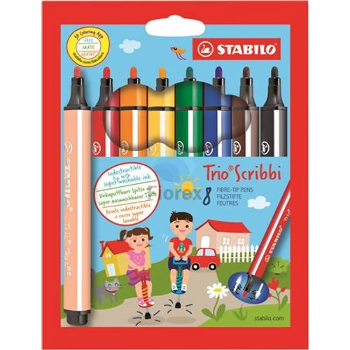 Filctoll készlet, 1,5-2 mm, rugós hegy, STABILO Trio Scribbi, 8 különböző szín Filctoll készlet, 1,5-2 mm, rugós hegy, STABILO Trio Scribbi, 8 különböző szín