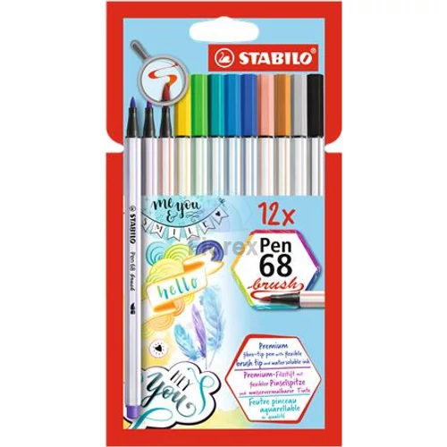 Ecsetirón készlet, STABILO "Pen 68 brush", 12 különböző szín