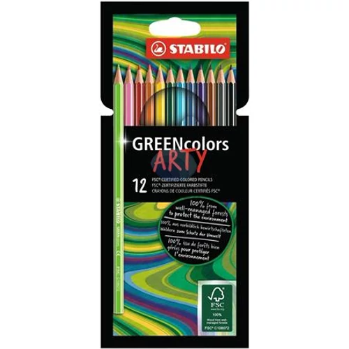Színes ceruza készlet, hatszögletű, STABILO "GreenColors ARTY", 12 különböző szín