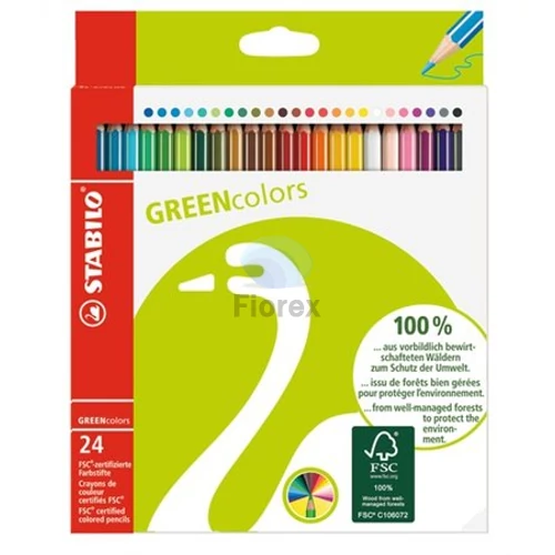 Színes ceruza készlet, hatszögletű, STABILO "GreenColours", 24 különböző szín