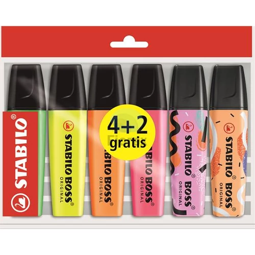 Szövegkiemelő készlet, 2-5 mm, STABILO Boss Original , 4+2 különböző szín Szövegkiemelő készlet, 2-5 mm, STABILO Boss Original , 4+2 különböző szín
