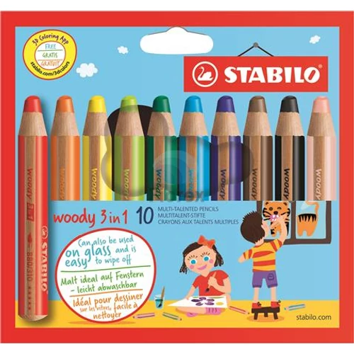 Színes ceruza készlet, kerek, vastag, STABILO "Woody 3 in 1", 10 különböző szín