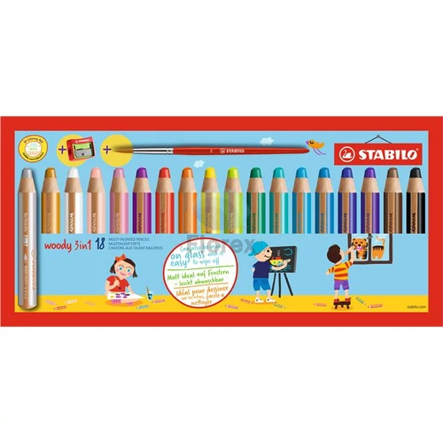 Színes ceruza készlet, kerek, vastag, STABILO "Woody 3 in 1", 18 különböző szín