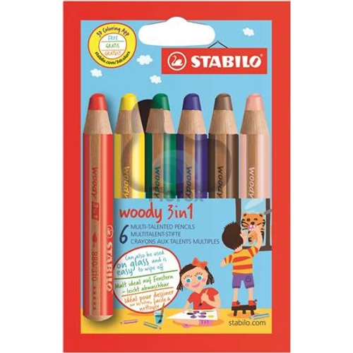 Színes ceruza készlet, kerek, vastag, STABILO "Woody 3 in 1", 6 különböző szín
