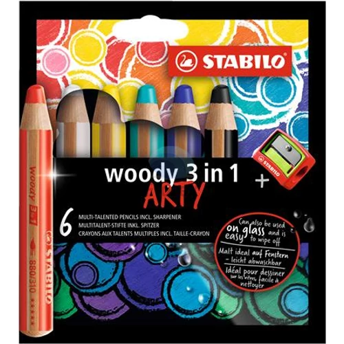 Színes ceruza készlet, kerek, vastag, STABILO "Woody ARTY 3 in 1", 6 különböző szín