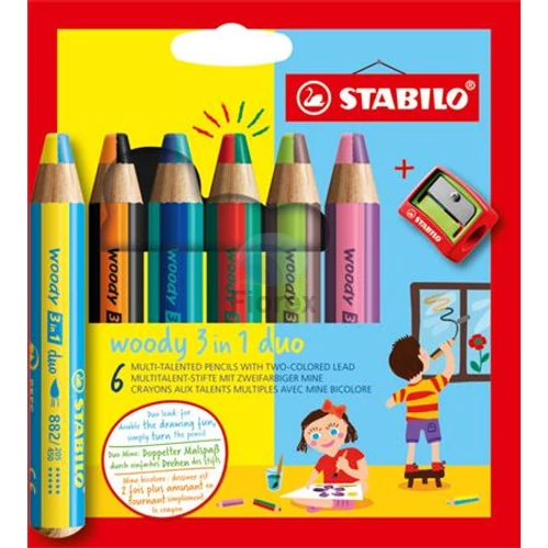 Színes ceruza készlet, STABILO "Woody 3 in 1 duo", 6 dupla vegyes szín