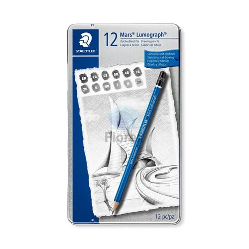 Grafitceruza készlet, fém doboz, hatszögletű, STAEDTLER "Mars Lumograph 100", 12 különböző keménység