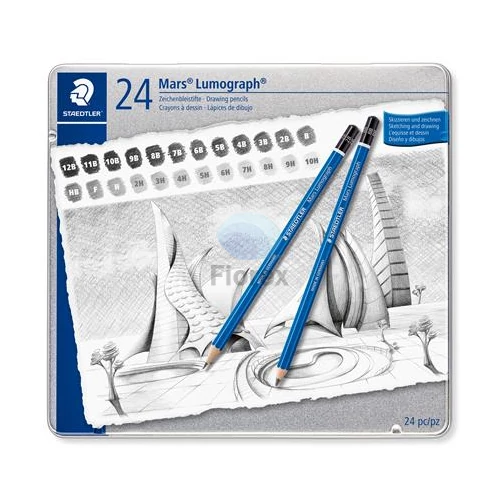 Grafitceruza készlet, fém doboz, hatszögletű, STAEDTLER "Mars® Lumograph® 100", 24 különböző keménység
