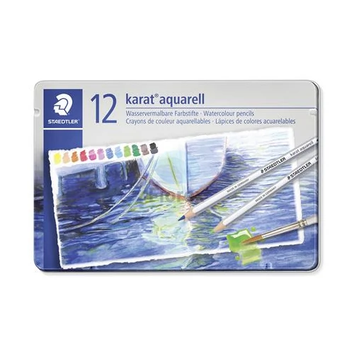 Akvarell ceruza készlet, hatszögletű, fém doboz, STAEDTLER "Karat® aquarell 125", 12 különböző szín