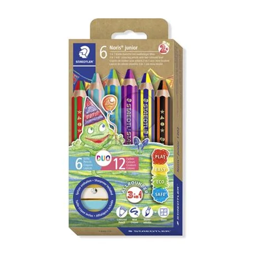 Színes ceruza készlet, duo színű, hegyezővel, STAEDTLER Noris® junior 140, 6 különböző szín