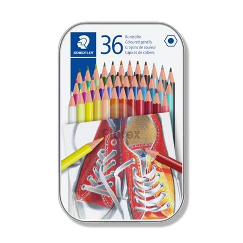 Színes ceruza készlet, hatszögletű, fém dobozban, STAEDTLER "175", 36 különböző szín