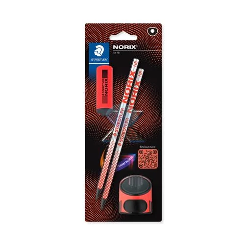 Grafitceruza készlet, hegyezővel, radírral, HB, STAEDTLER "Norix® 181", korall piros