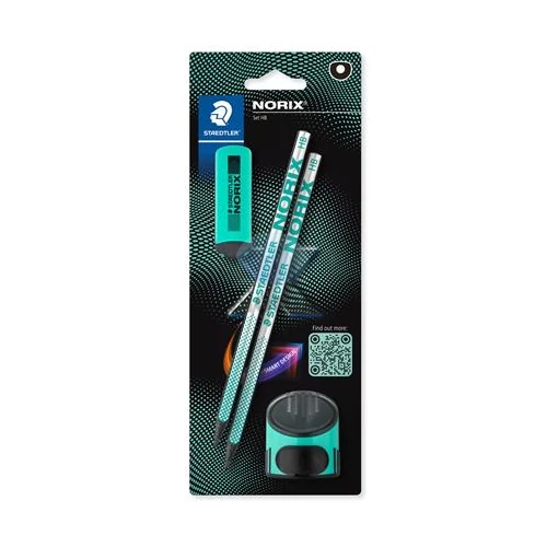 Grafitceruza készlet, hegyezővel, radírral, HB, STAEDTLER "Norix® 181", franciazöld