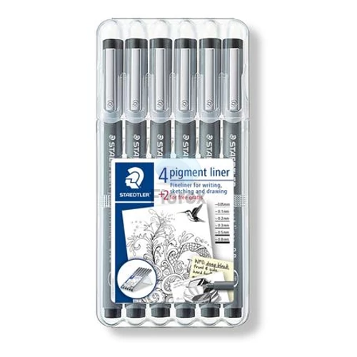 Tusfilc készlet, STAEDTLER "Pigment Liner 308", fekete, 4+2 darab
