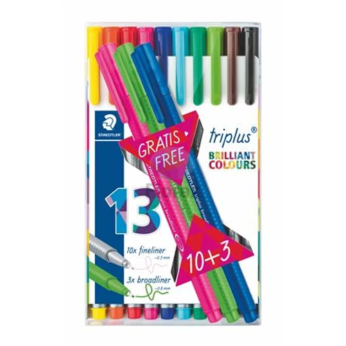Tűfilc készlet, 0,3 mm, STAEDTLER "Triplus 334", 10+3 különböző szín