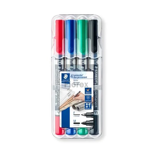 Alkoholos marker készlet, 0,6/1,5 mm, kúpos, kétvégű, STAEDTLER "Lumocolor® duo 348", 4 különböző szín