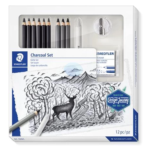 Grafit- és szénceruza készlet, kiegészítőkkel, 12 darabos, STAEDTLER "Mars® Lumograph® 100C"