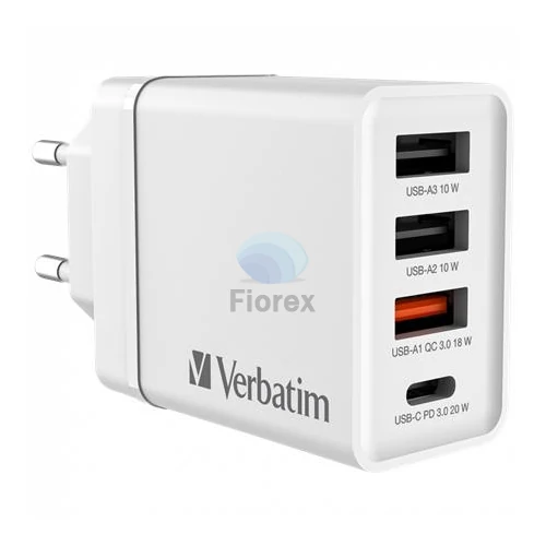 Hálózati töltő, 1xUSB-C PD (20W), USB-A QC 3.0, 2xUSB-A (10W), VERBATIM, fehér