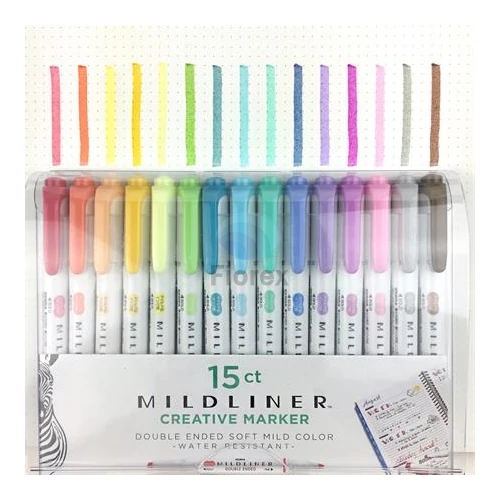 Szövegkiemelő készlet, 1,4/4 mm, kétvégű, ZEBRA Mildliner Highlighter, 15 különböző szín Szövegkiemelő készlet, 1,4/4 mm, kétvégű, ZEBRA Mildliner Highlighter, 15 különböző szín