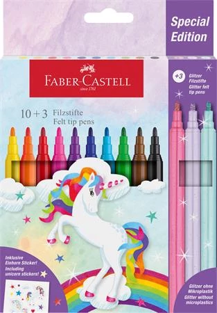 Filctoll készlet, FABER-CASTELL Unikornis 10 különböző szín + 3 csillámos