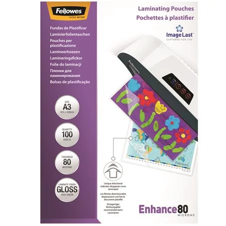 Meleglamináló fólia, 80 mikron, A3, fényes, FELLOWES - 100db