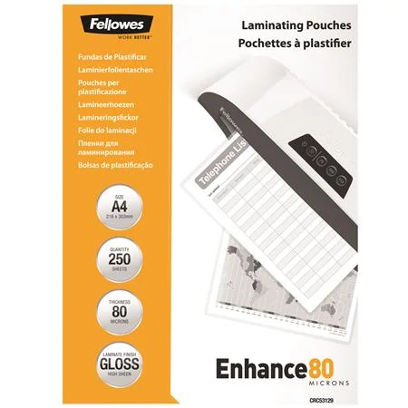 Meleglamináló fólia, 80 mikron, A4, fényes, FELLOWES - 250db