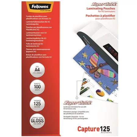 Meleglamináló fólia, 125 mikron, A4, SuperQuick, fényes, FELLOWES - 100db