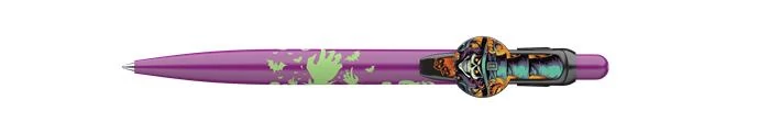 Golyóstoll, 0,8 mm, nyomógombos, lila mintás tolltest, ICO Halloween, kék
