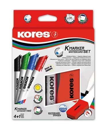 Tábla- és flipchart marker készlet mágneses táblatörlő szivaccsal, 3-5 mm, vágott, KORES 