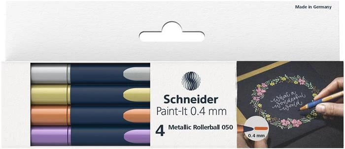 Metálfényű rollertoll készlet, 0,4 mm, SCHNEIDER 