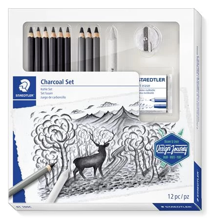 Grafit- és szénceruza készlet, kiegészítőkkel, 12 darabos, STAEDTLER 